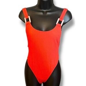 NWT Aerie Size S Red Waffle Texture One Piece Buckle Plunge Back Scoop Neck